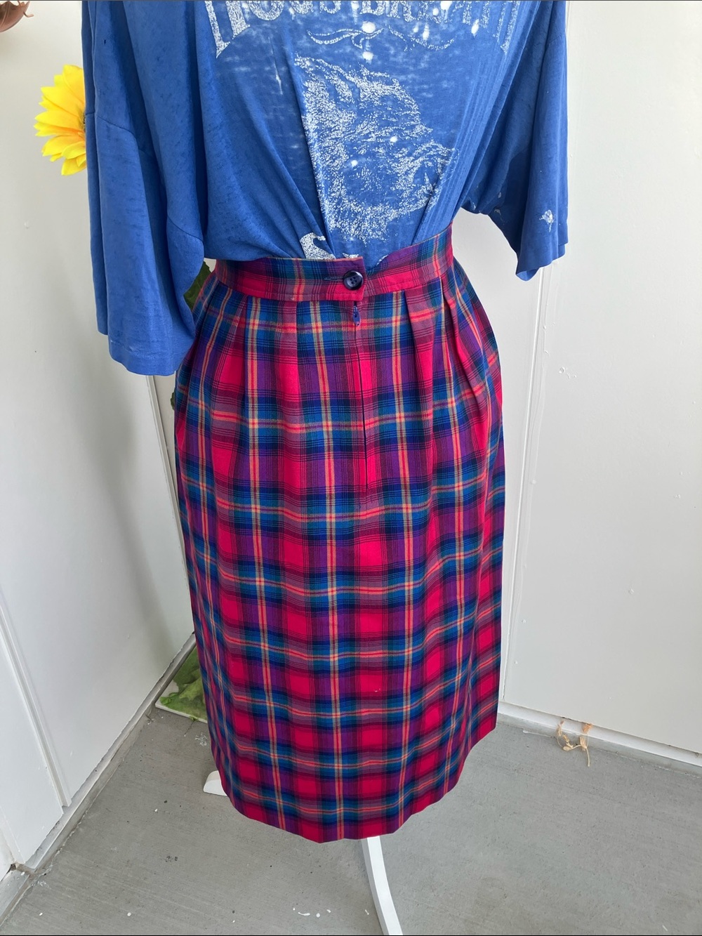 Vintage 70s 80s Pendleton Magenta Red and Royal Blue Madras Plaid Midi Skirt - Picture 4 of 8